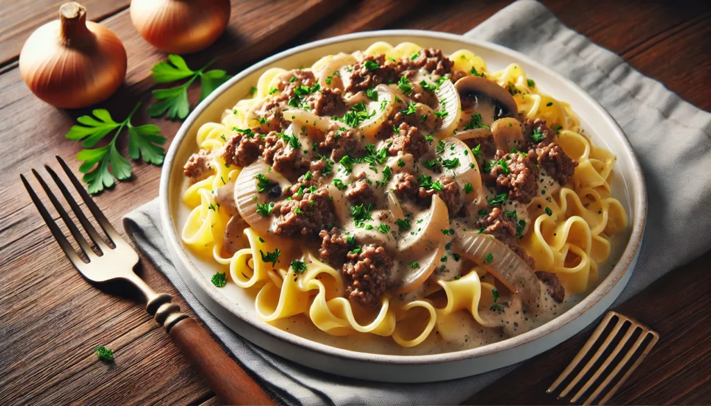 serving of Ground Beef Stroganoff Recipe