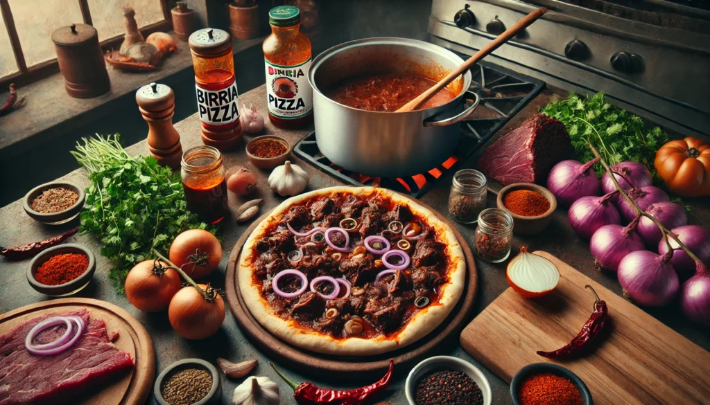 preparation of Birria Pizza