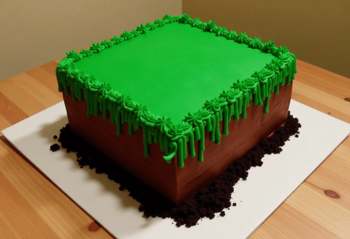 A detailed Minecraft cake resembling a pixelated grass block, decorated with green and chocolate frosting and fondant characters, placed on a party table with Minecraft birthday cake-themed decorations.