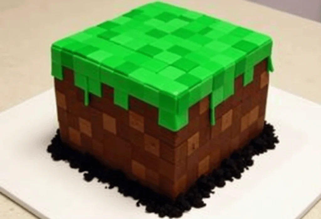 A detailed Minecraft cake resembling a pixelated grass block, decorated with green and chocolate frosting and fondant characters, placed on a party table with Minecraft birthday cake-themed decorations.