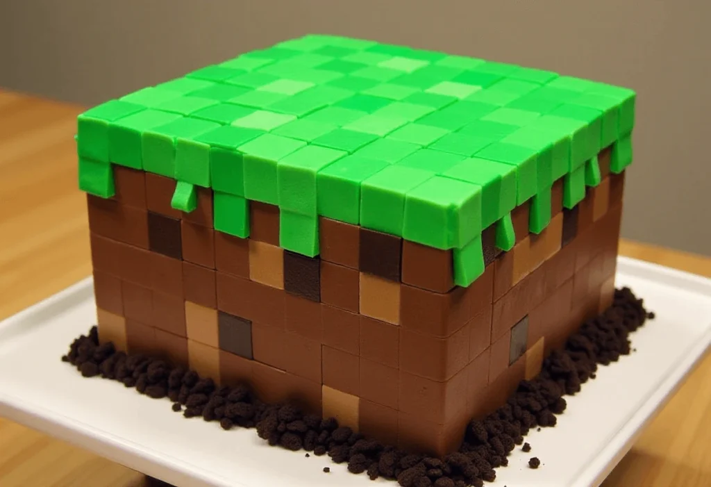 A detailed Minecraft cake resembling a pixelated grass block, decorated with green and chocolate frosting and fondant characters, placed on a party table with Minecraft birthday cake-themed decorations.